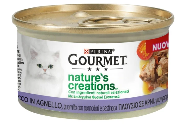 PURINA GOURMET™ Nature's Creations, Πλούσιο σε Αρνί, γαρνιρισμένο με ντομάτες και άγριο καρότο 85g