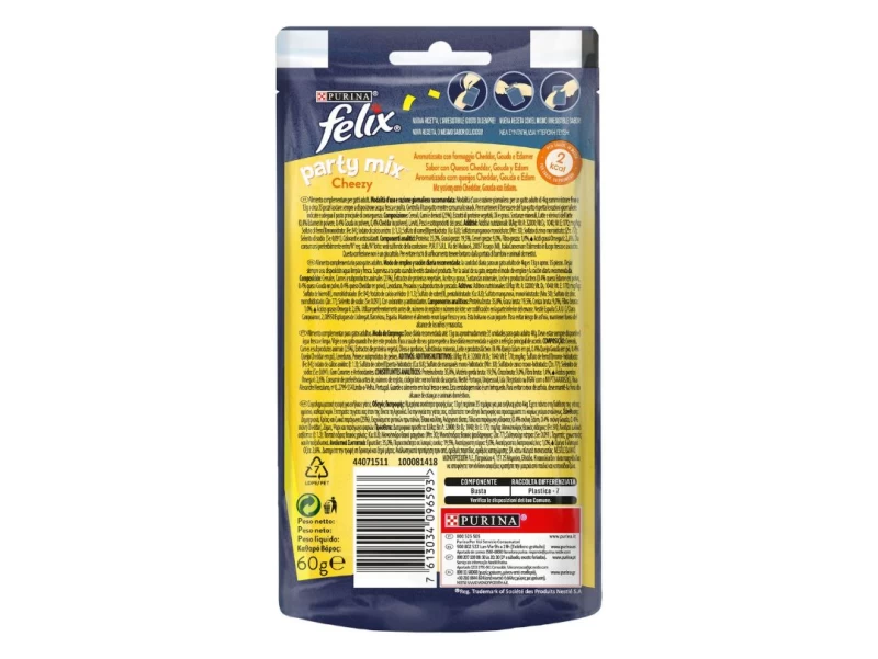 Felix Party Mix Cheezy Mix  με γεύση από τυρί Τσένταρ, Γκούντα και Ένταμ 60g
