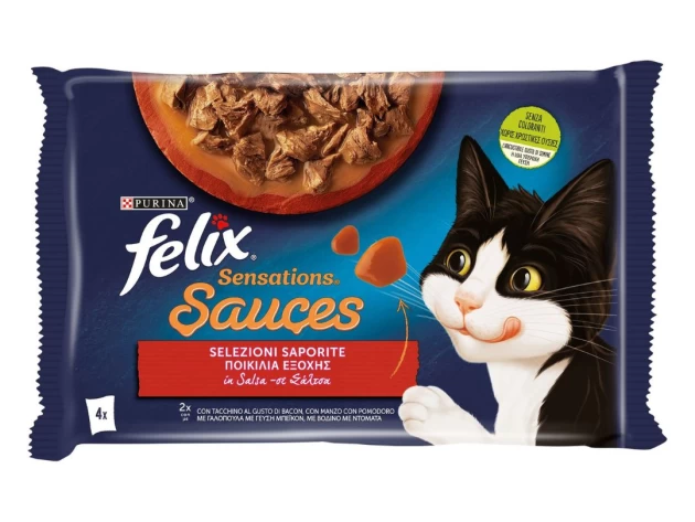 FELIX Sensations Sauces Πολυσυσκευασία με Γαλοπούλα με γεύση Μπέικον και με Βοδινό με Ντομάτα 4x85g