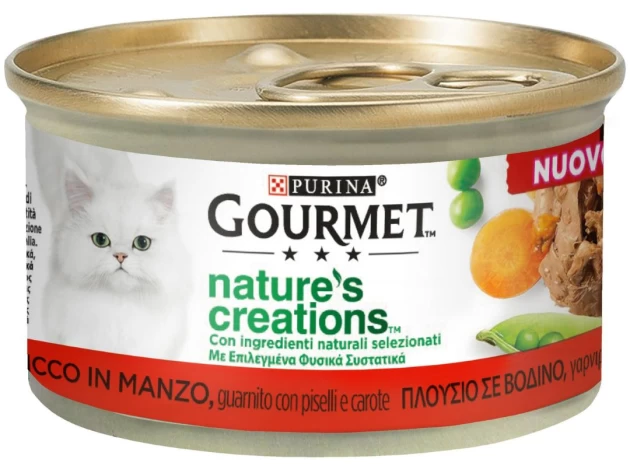 PURINA GOURMET™ Nature's Creations, Πλούσιο σε Βοδινό, γαρνιρισμένο με αρακά και καρότα 85g
