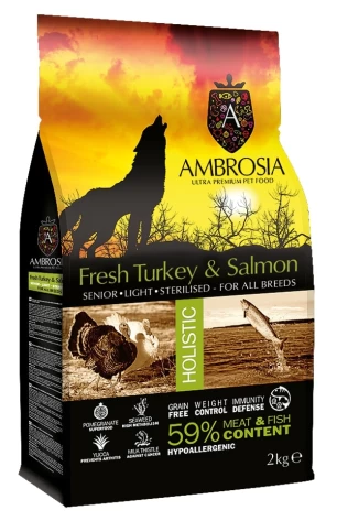 Ambrosia Senior Light Sterilised Fresh Turkey & Salmon 12kg GRAIN FREE